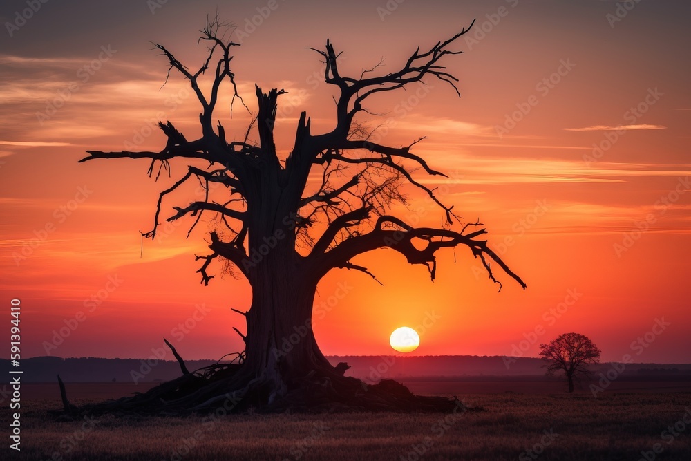  a tree in a field with the sun setting in the background and a tree in the foreground with no leave