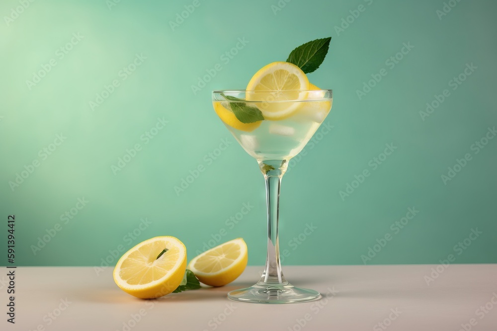  a glass of lemonade with a slice of lemon on the rim and a green leaf on the top of the glass, on a