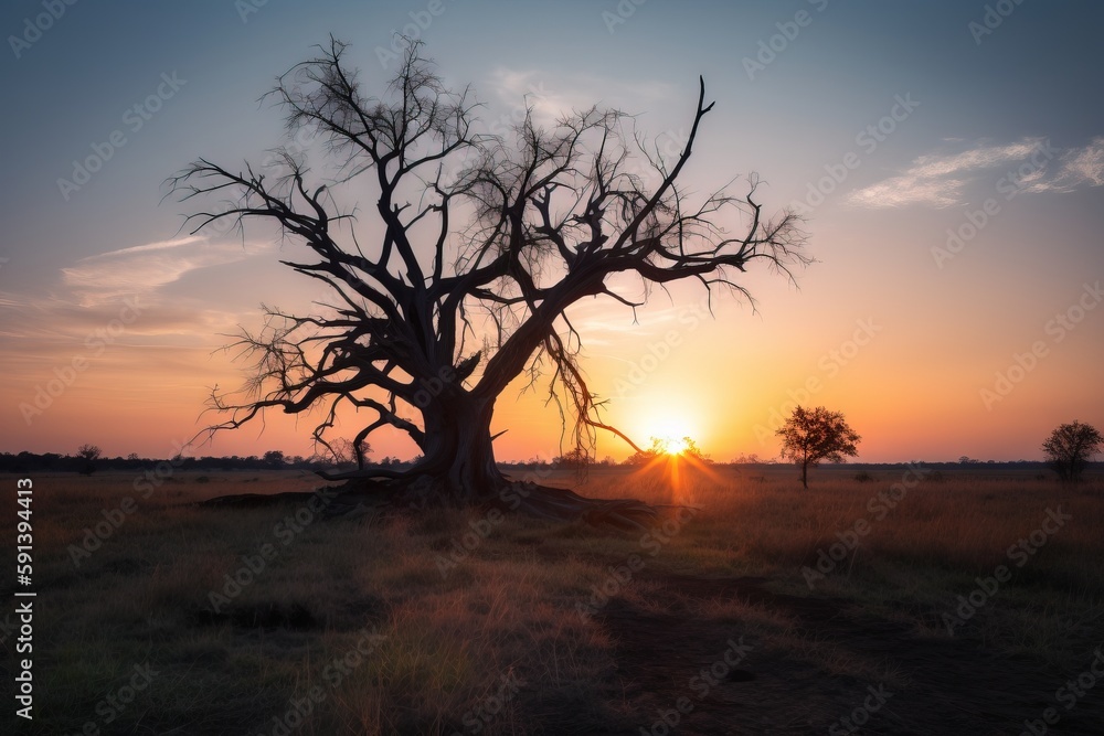  the sun is setting behind a tree in a field of dry grass with a dirt path in front of it and a fiel