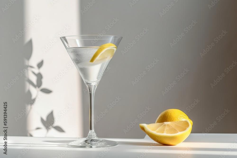  a glass of water with a slice of lemon next to it on a table with a shadow of a plant on the wall b