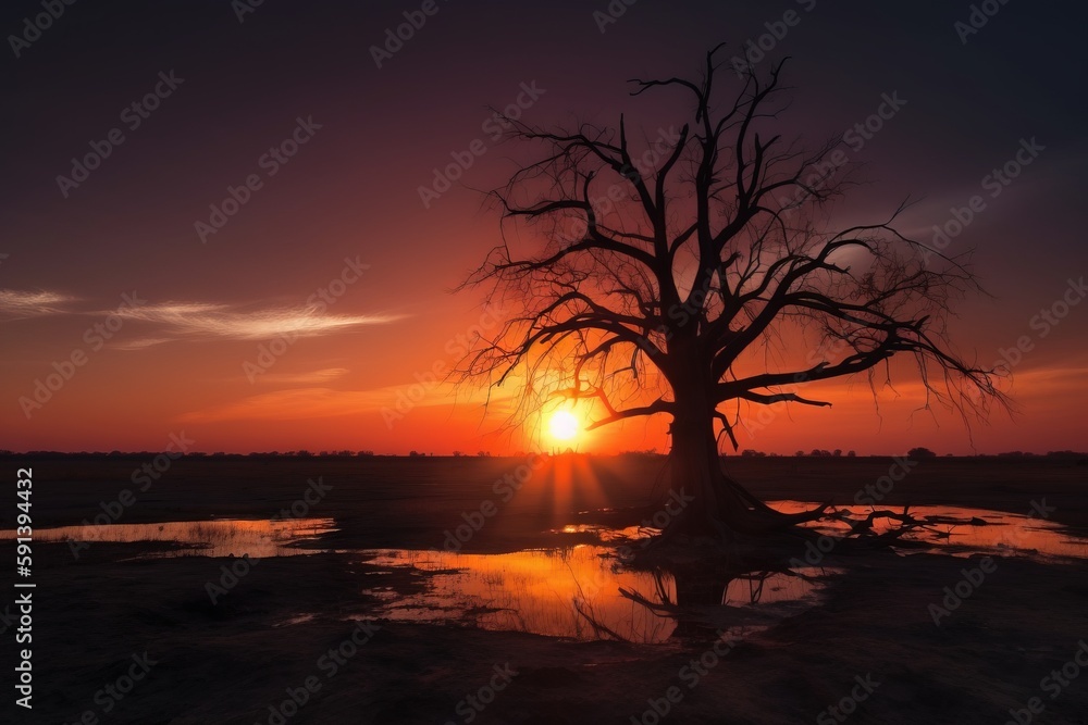  the sun is setting behind a tree in the middle of a field with a puddle of water in the foreground 