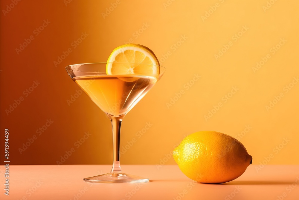  a glass of orange juice next to an orange slice and a lemon on a table with a yellow background and