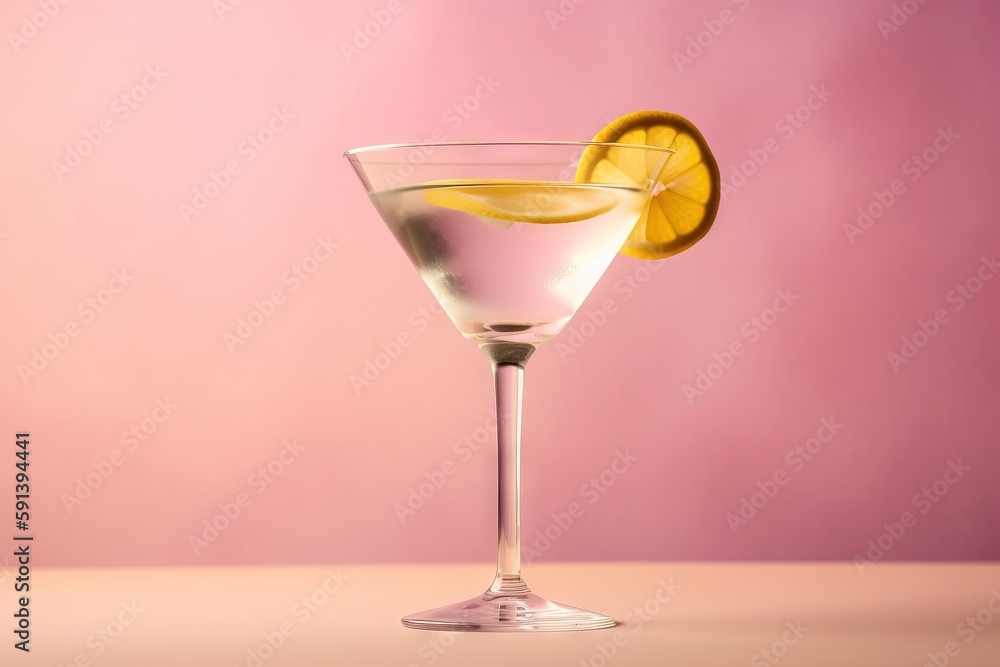  a martini glass with a lemon slice on the rim and a pink background with a light pink background an