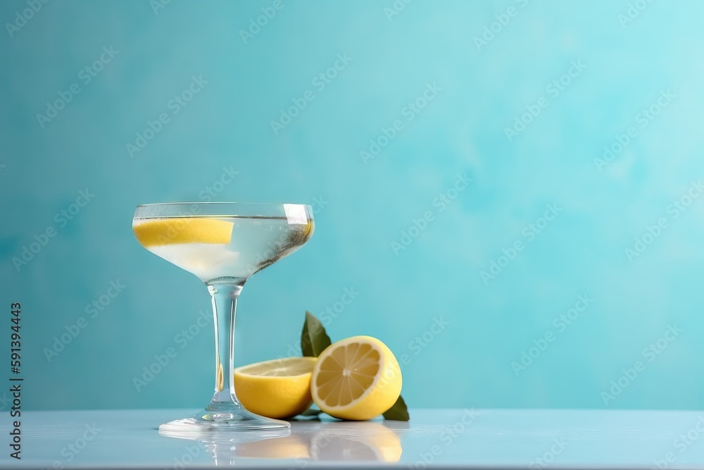  a glass of lemonade next to a half - filled glass of lemonade on a blue surface with a blue backgro