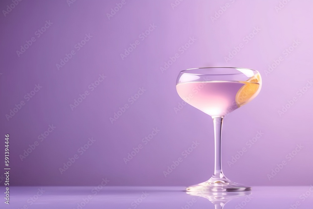  a wine glass filled with a drink on a purple surface with a reflection of the wine in the glass and