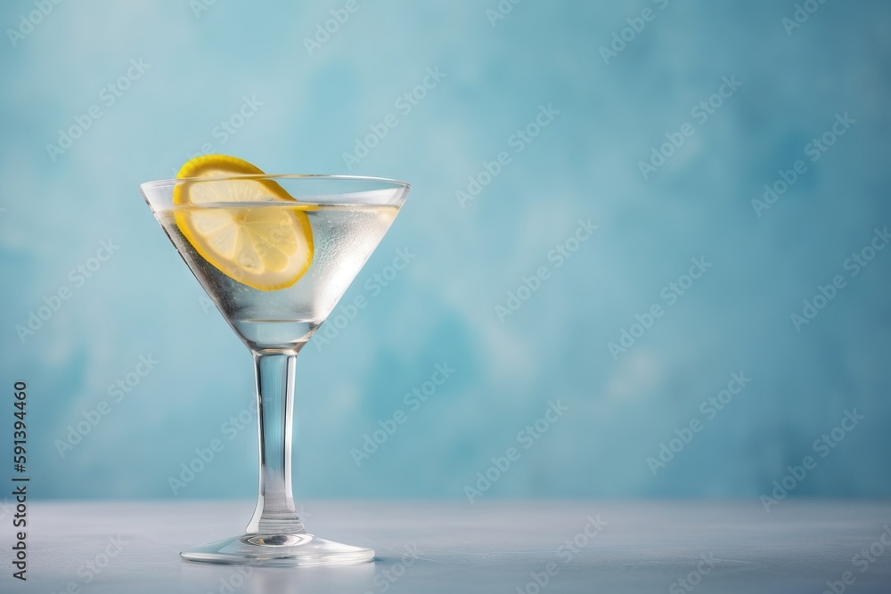  a martini glass with a lemon slice in it on a table against a blue background with a light blue wal