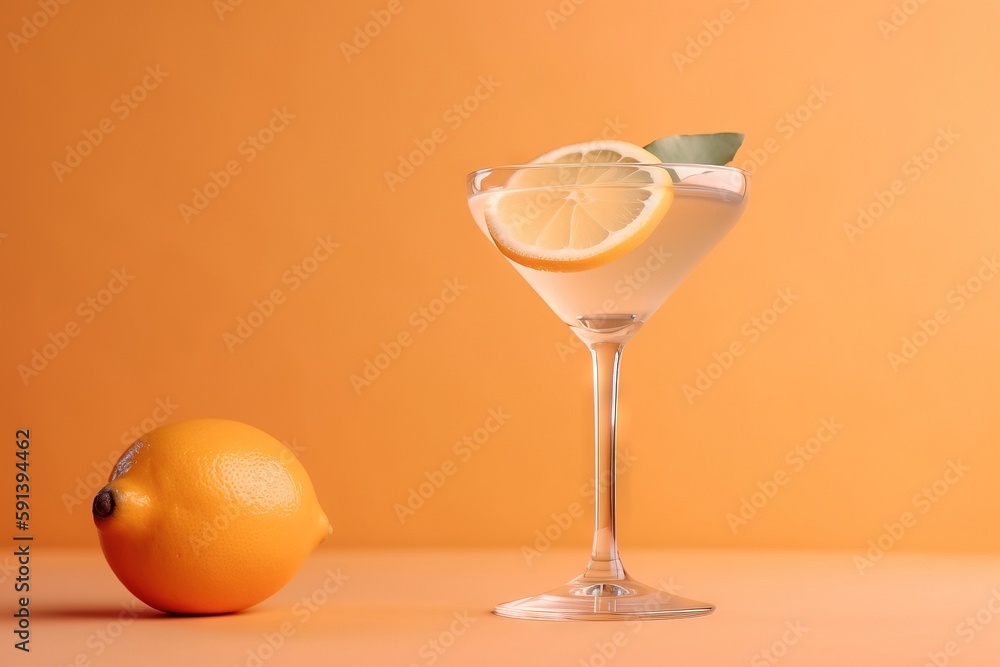  an orange and a glass of alcohol on a table with a half of an orange on the table next to it and a 