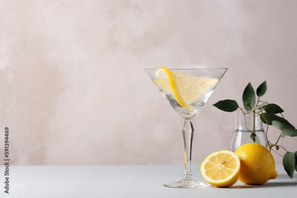  a glass of lemonade next to a lemon slice and a vase with a plant in it on a white table with a pin