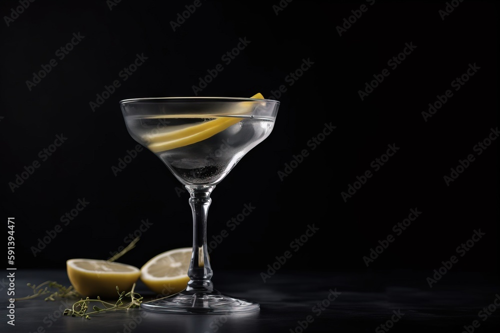  a martini glass with lemon wedges and a lemon wedge on the side of the glass, on a black surface wi