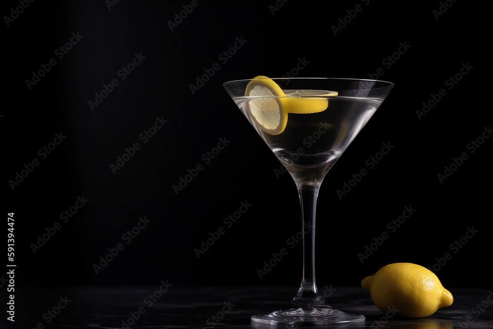  a martini glass with a lemon wedge and a lemon slice on the rim of the glass, on a black background