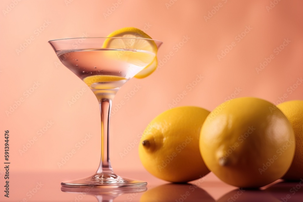  a glass of lemonade next to three lemons on a table with a pink background and a pink wall in the b