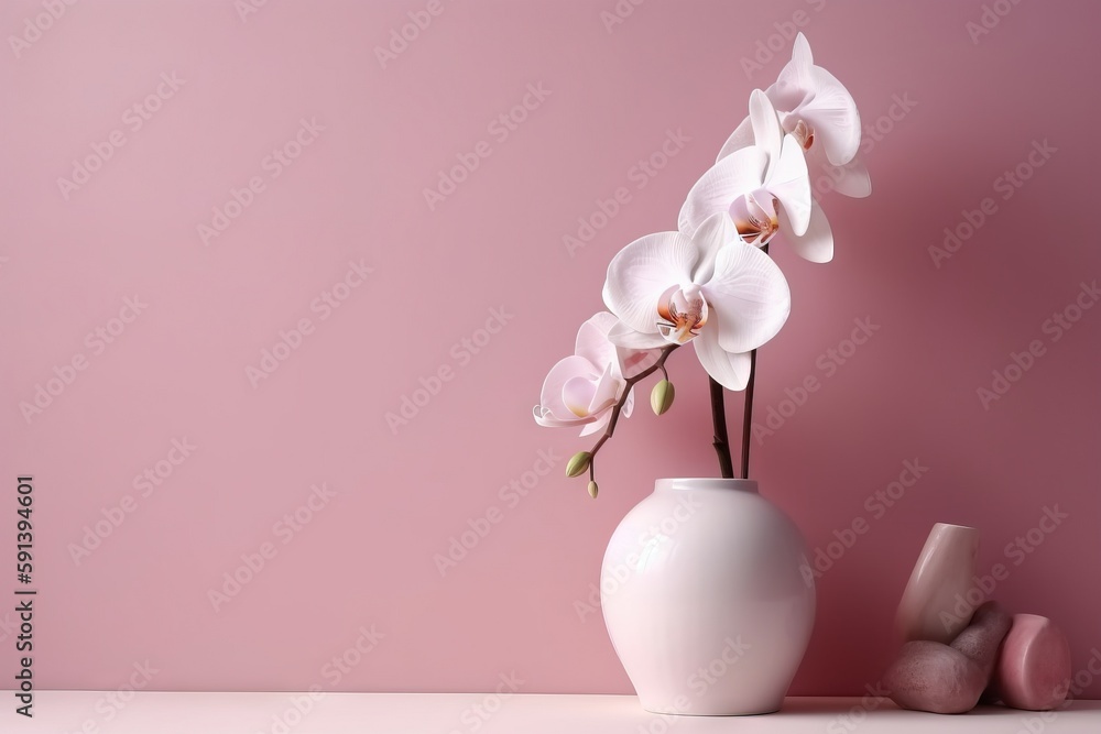  a white vase filled with pink flowers on a table next to a pink wall and a pink object on the floor