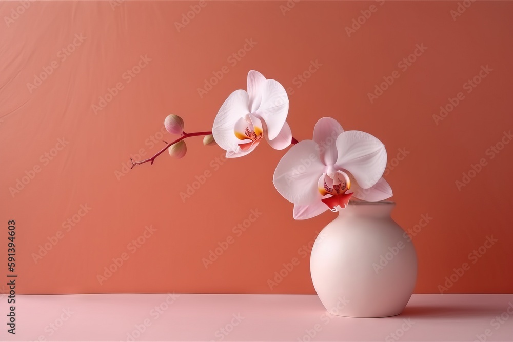  a white vase with a pink flower on a pink tableclothed surface with a pink wall in the background a