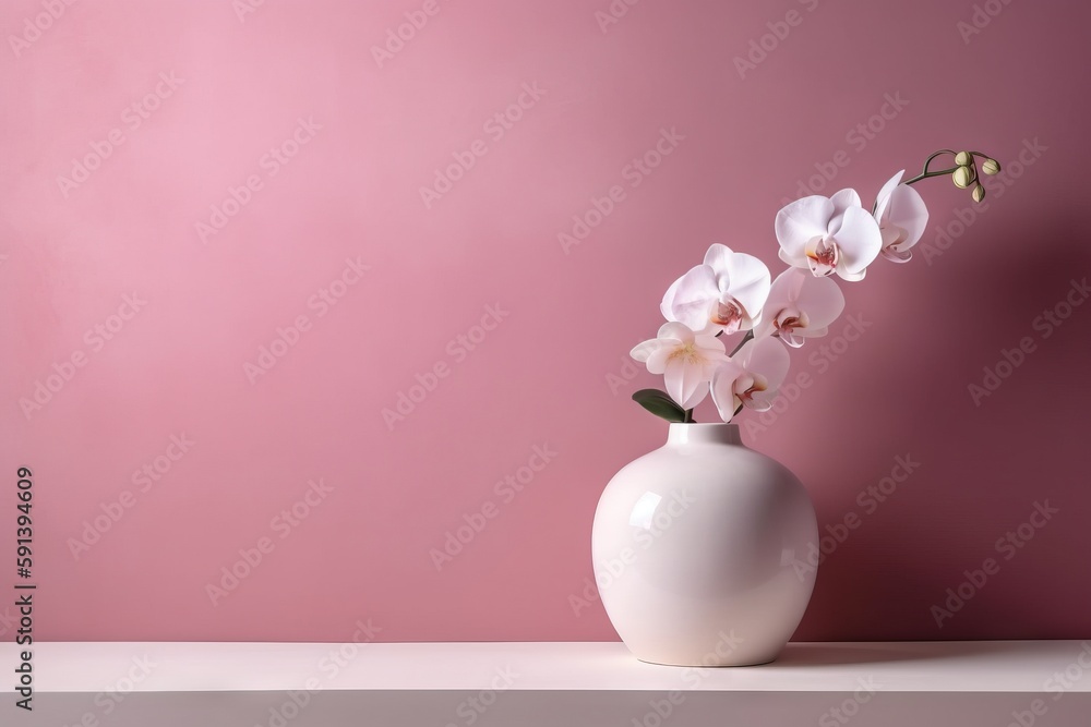  a white vase filled with white flowers on a pink surface with a pink wall in the back ground and a 