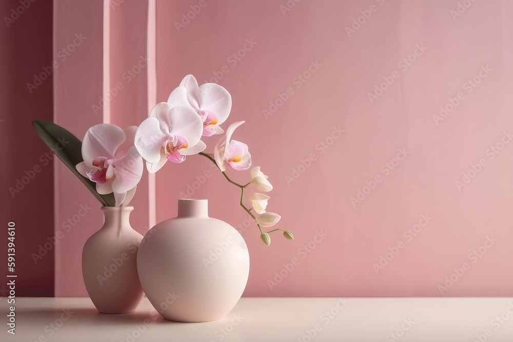  a couple of vases with flowers in them on a counter top next to a pink wall and a pink wall behind 