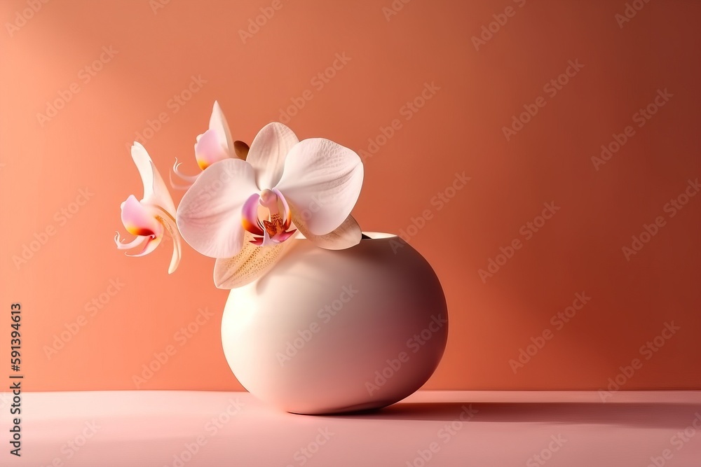  a white vase with a flower in it on a pink surface with a pink background and a light pink wall beh