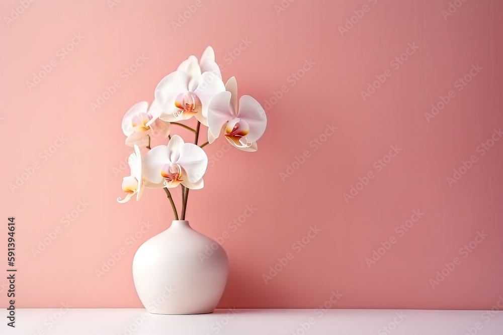  a white vase filled with white flowers on a pink surface with a pink wall in the back ground and a 