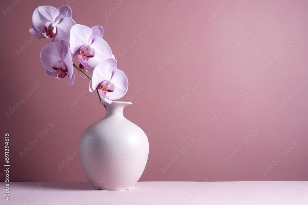  a white vase filled with pink flowers on a table next to a pink wall and a pink wall in the backrou