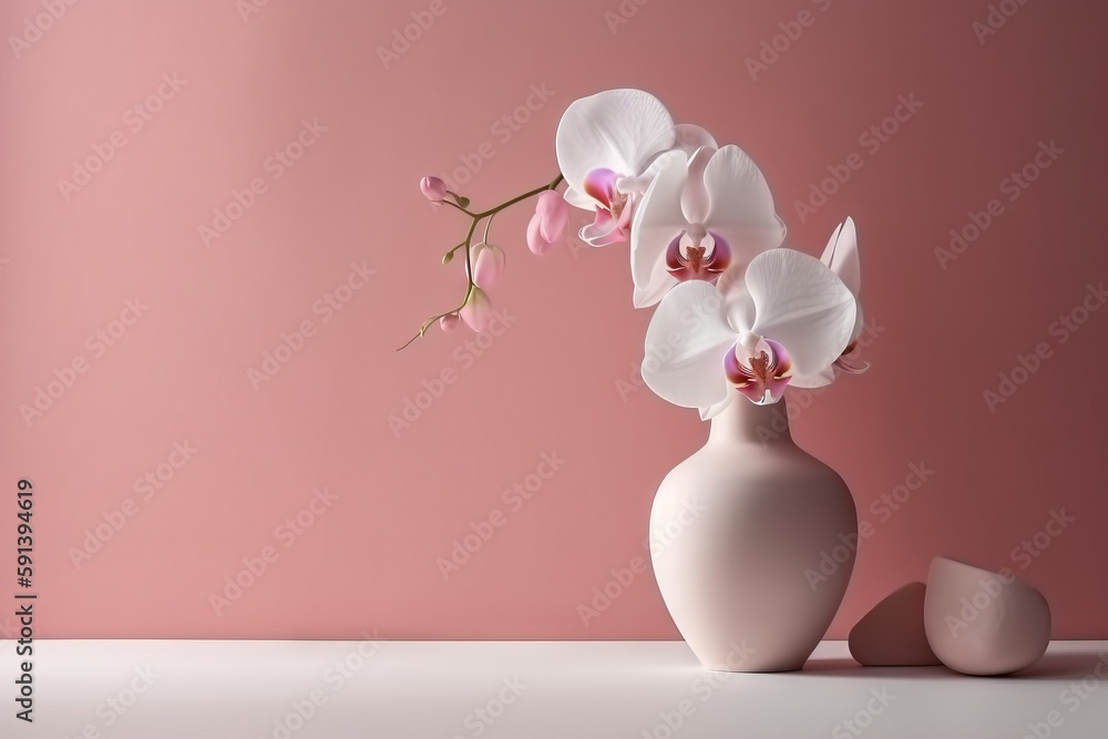  a white vase with pink flowers on a pink background with a pair of pink shoes in front of it and a 