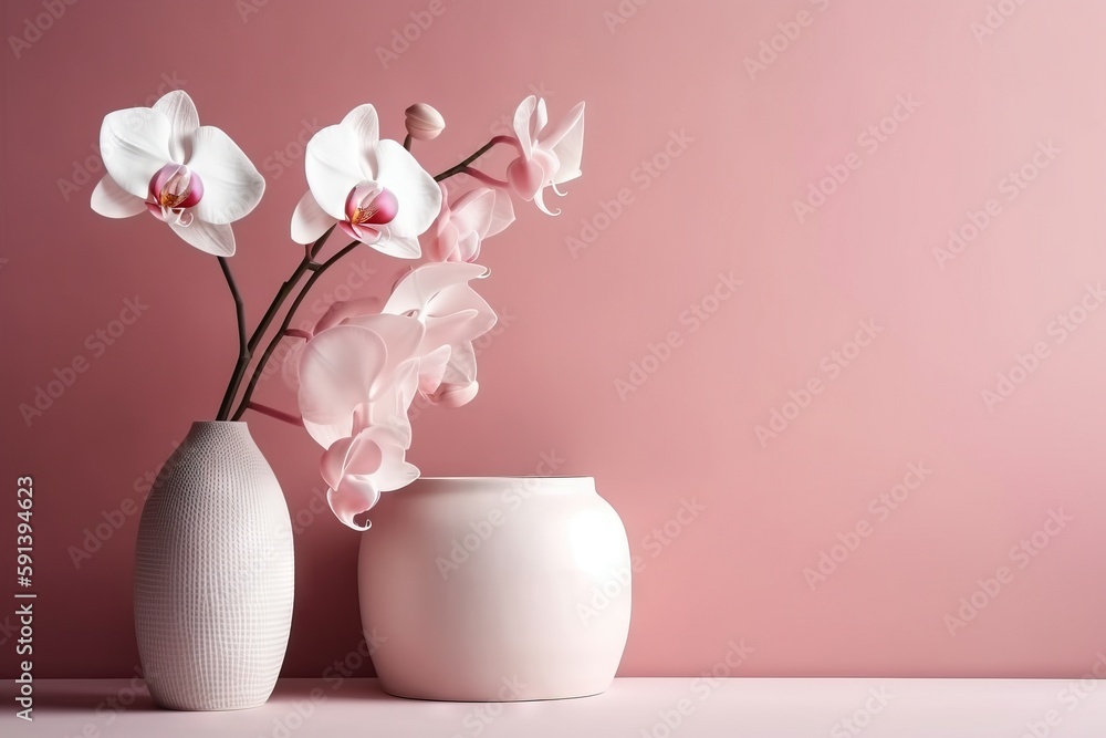  a white vase with pink flowers in it on a pink surface next to a white vase with pink flowers in it