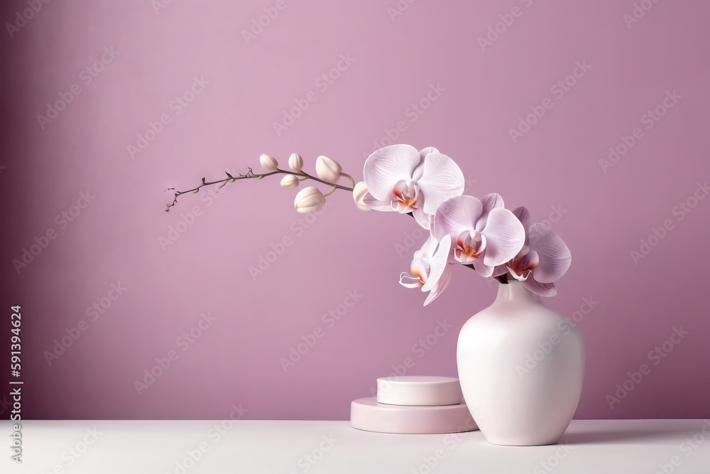  a white vase with a pink flower in it and a white container with a pink flower in it on a white tab