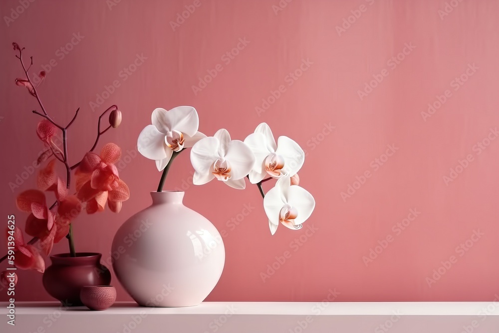  two vases with flowers on a shelf in front of a pink wall and a pink wall in the background with on