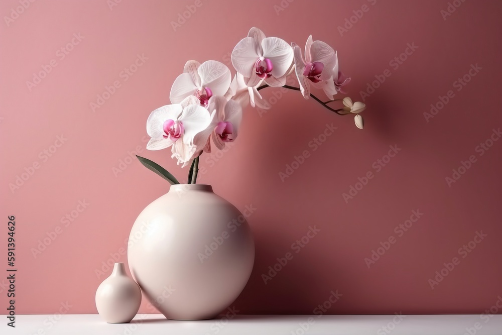  a white vase with pink flowers in it on a pink surface with a pink wall in the background and a whi