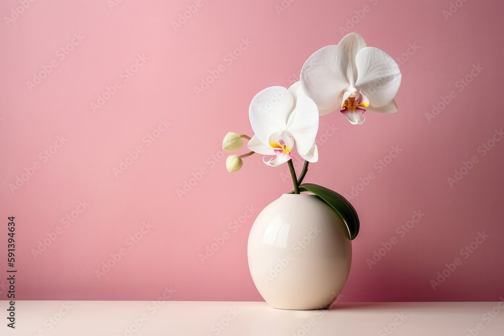  a white vase with two white flowers in it on a table against a pink background with a pink wall beh