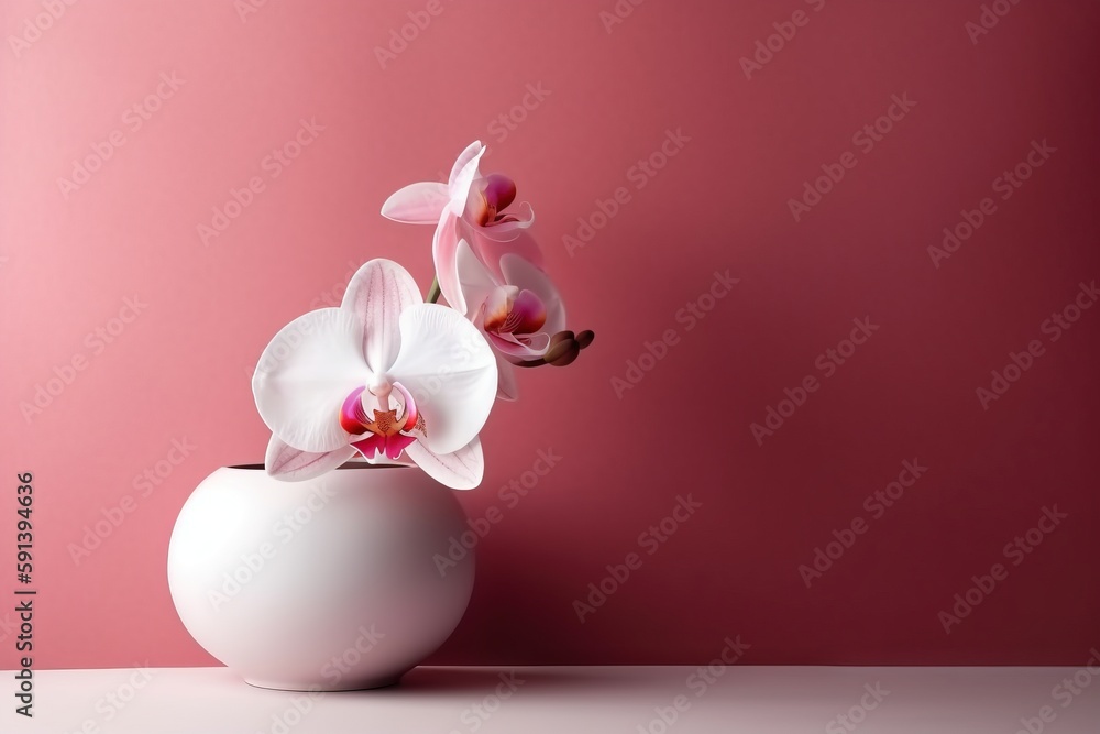  a white vase with a pink flower on a pink surface with a pink wall in the background and a white va