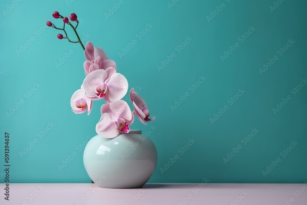  a white vase with a pink flower in it on a pink tablecloth with a teal blue wall in the background 