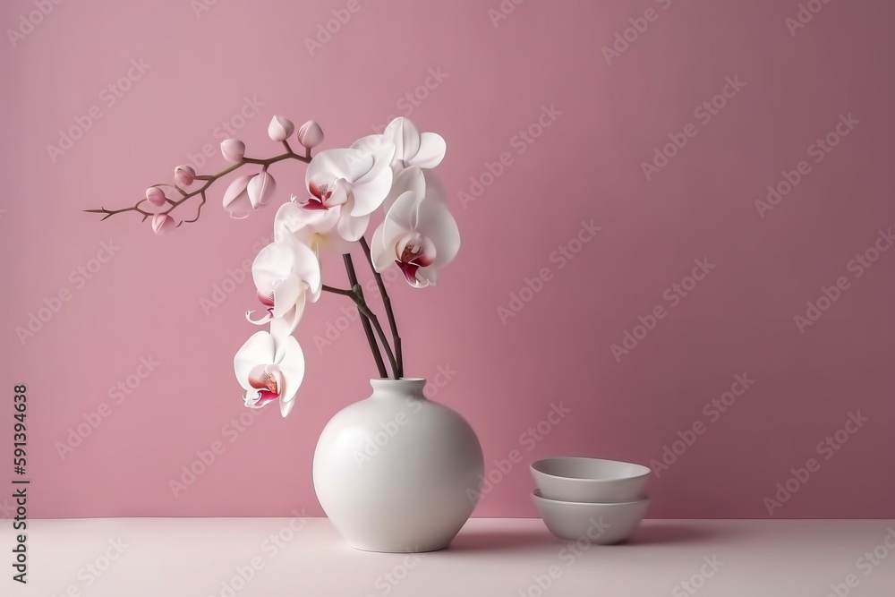  a white vase filled with white flowers next to a bowl on a pink tablecloth covered tablecloth with 