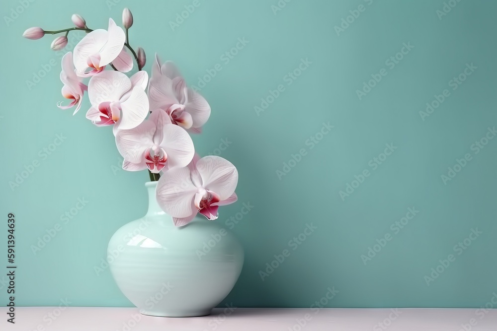  a white vase filled with pink flowers on top of a table next to a green wall and a blue wall behind