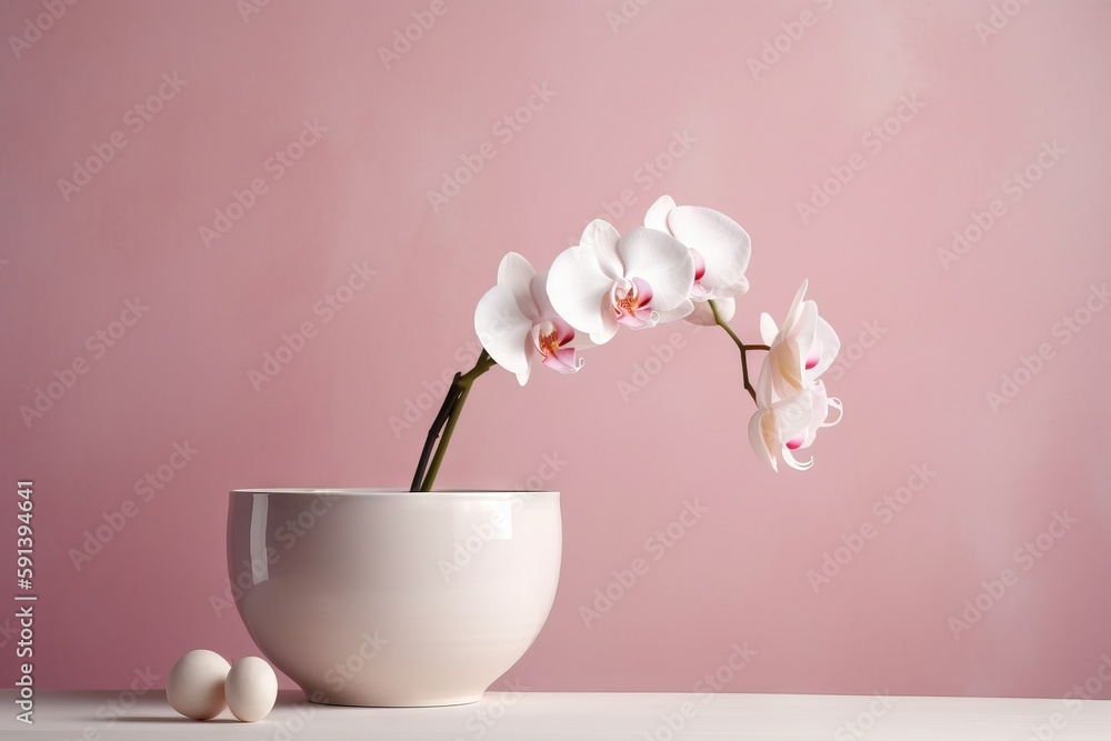  a white vase with a flower in it and three eggs on a table next to it, against a pink wall, with a 