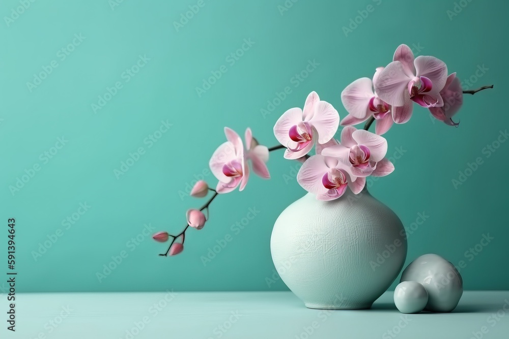  a white vase with pink orchids in it on a blue tablecloth with a turquoise background and a white e