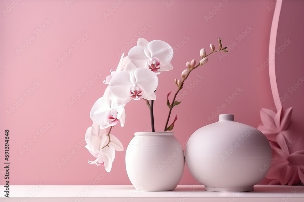  two white vases with flowers in them on a shelf against a pink wall with a pink ribbon in the corne