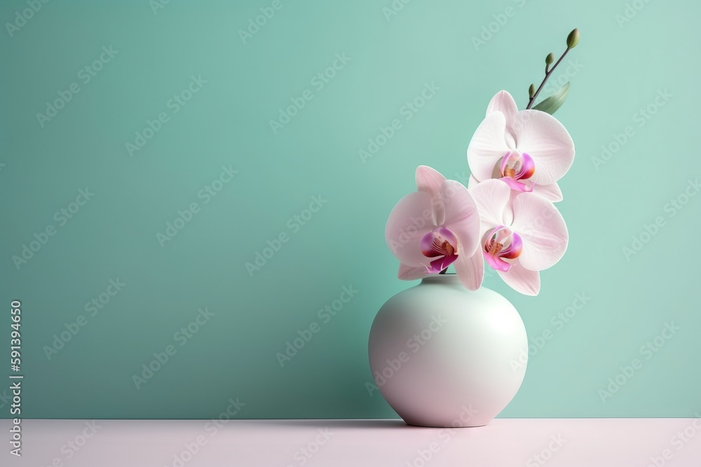  a white vase with a pink flower in it on a table next to a green wall and a light blue wall behind 