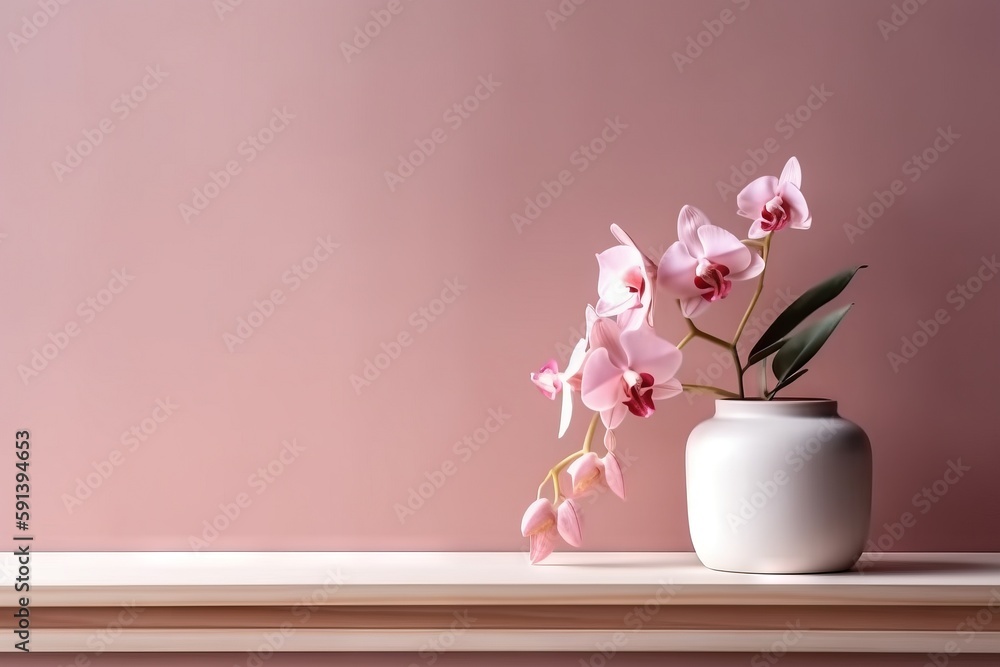  a white vase with pink flowers on a shelf in front of a pink wall and a pink wall in the background