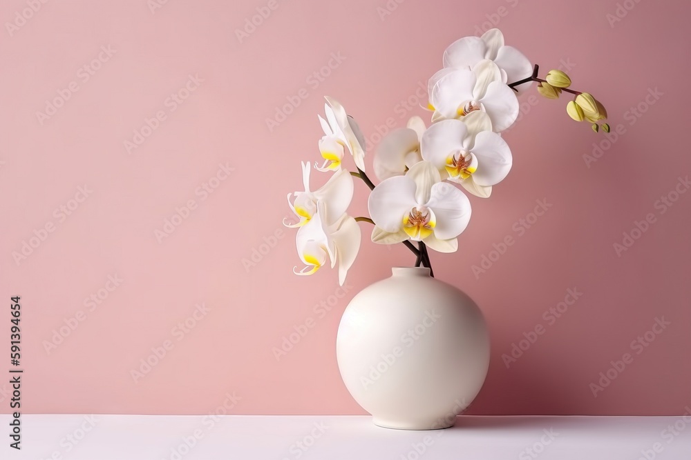  a white vase filled with white flowers on a pink background with a pink wall in the back ground and