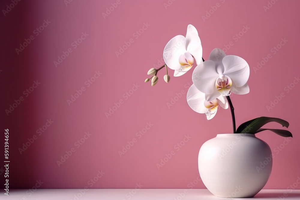  a white vase with a white flower on a pink surface with a pink wall in the back ground and a pink w