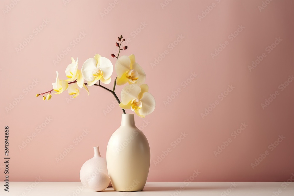  a white vase with a yellow flower in it and a white vase with a yellow flower in it on a pink surfa