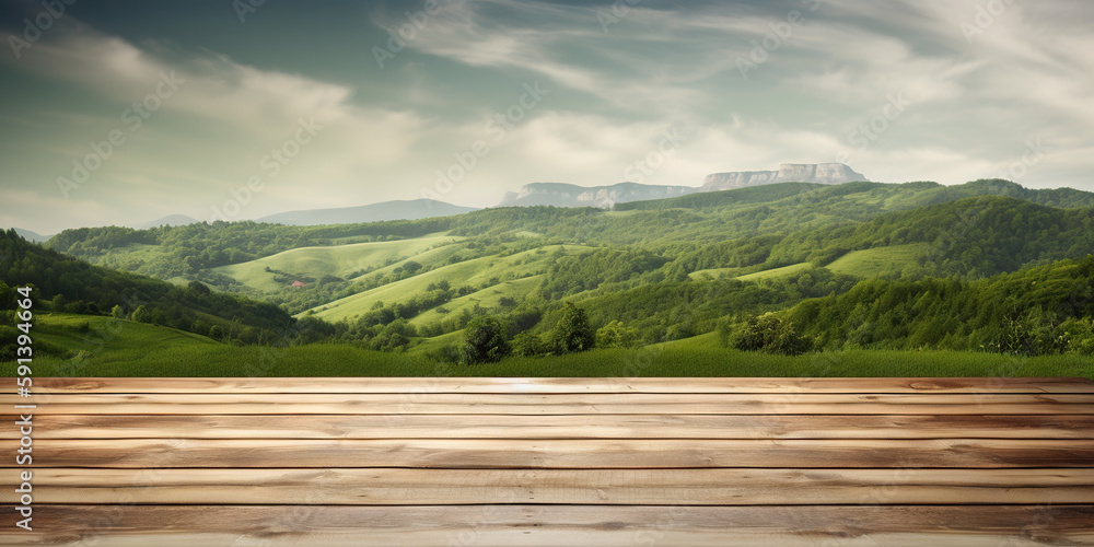 Wood table mockup with vibrant green hills on background. Empty copy space for product presentation.