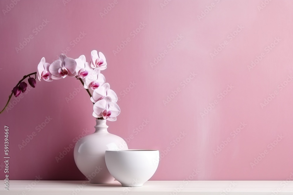  a white vase with pink flowers in it on a table next to a pink wall and a white bowl with a pink fl