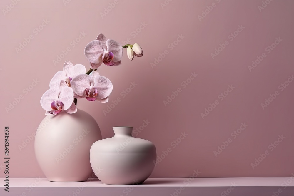  two white vases with pink flowers in them on a shelf against a pink wall with a light pink backgrou