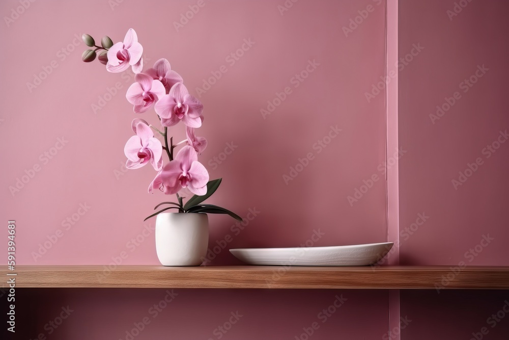  a white vase with pink flowers on a shelf next to a plate on a pink wall with a pink wall in the ba