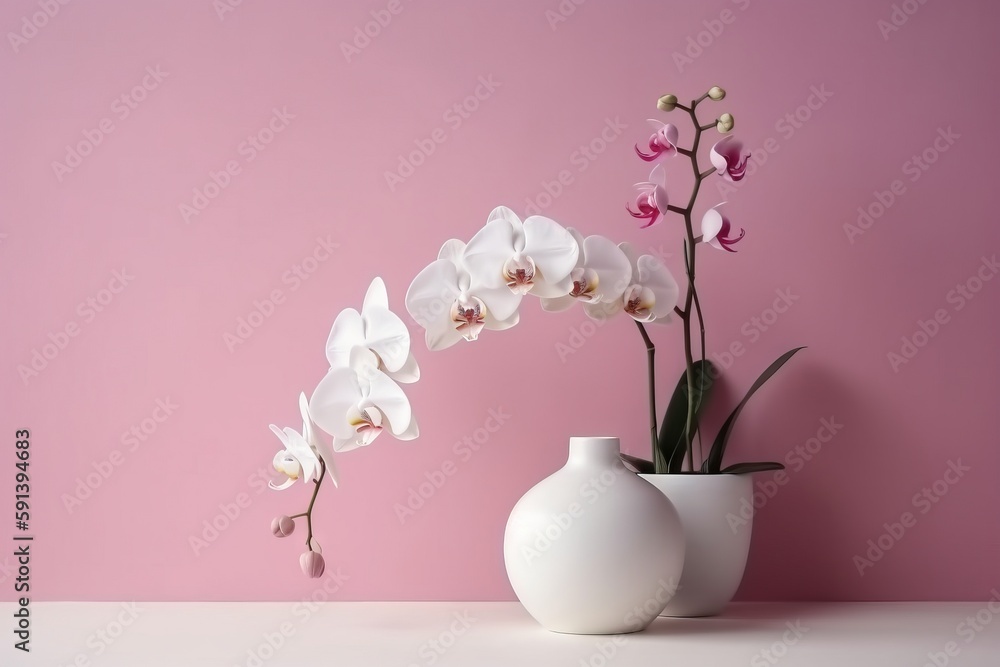  a white vase filled with white flowers on a pink surface with a pink wall in the back ground and a 