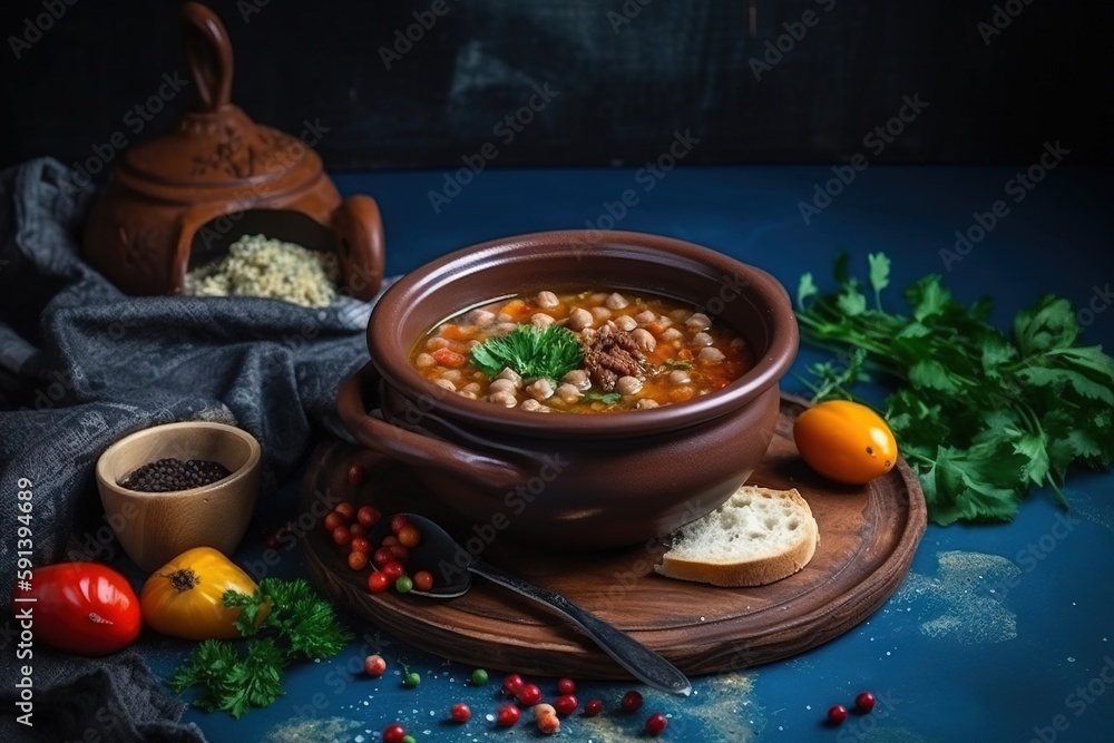  a bowl of soup with bread, tomatoes, and other food items on a blue tablecloth with a teapot and a 