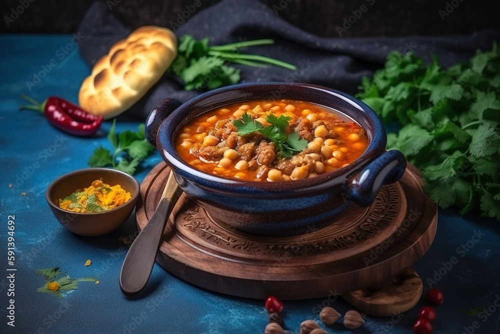  a bowl of soup and a bowl of bread on a blue tablecloth with a spoon and bread on the side of the b