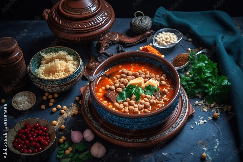  a bowl of beans and other foods on a blue table cloth with a teapot and other dishes around it on a