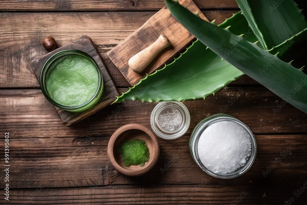  a wooden table topped with three jars filled with green stuff next to a green plant and a wooden cu