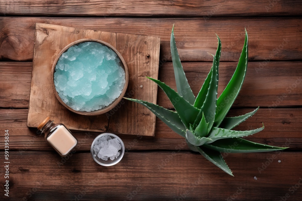  a bowl of aloei next to a glass of ice and a bottle of water on a wooden tray on a wooden table top